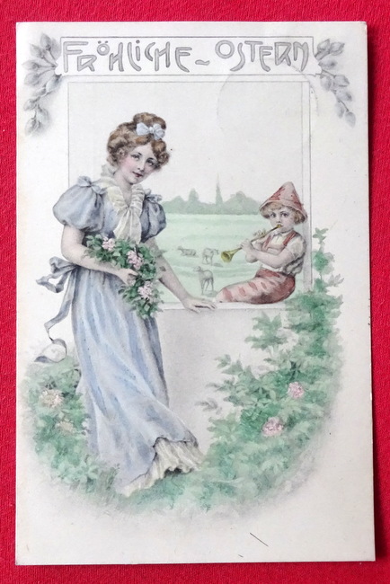   Ansichtskarte AK Fröhliche Ostern (Frau mit musizierendem Kind und Lämmern) 