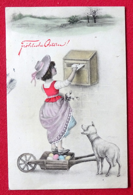   Ansichtskarte AK Fröhliche Ostern (Mädchen am Briefkasten mit Osterpost) 