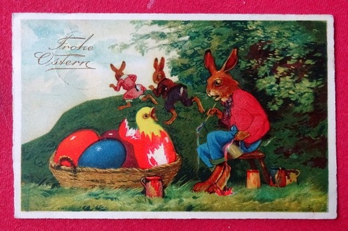   Ansichtskarte AK Fröhliche Ostern (Osterhase bemalt Küken statt Eier) 