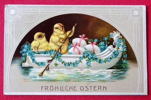  Ansichtskarte AK Fröhliche Ostern (Küken mit Eier in einer Gondel) 