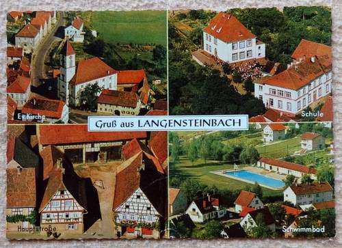   Ansichtskarte AK Gruß aus Langensteinbach. 4 Ansichten (Kirche, Hauptstraße, Schule, Schwimmbad) 