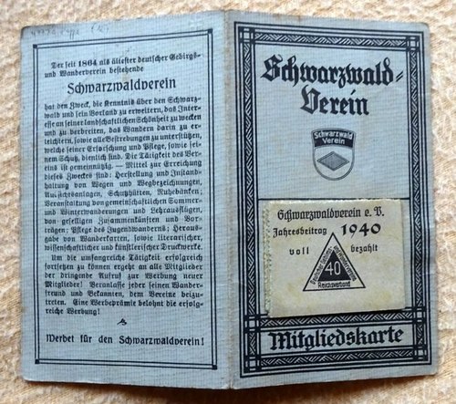 Schwarzwald-Verein  Schwarzwald-Verein Mitgliedskarte 1940 
