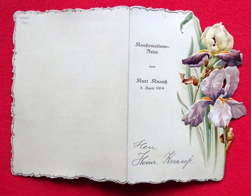   Einladung / Karte zur Konfirmations-Feier von Kurt Knauß 5. April 1914 (Innen mit gedruckter Speisekarte "Speisen-Folge" u.a. Forelle blau, Rippenspeer mit Spargel...) 
