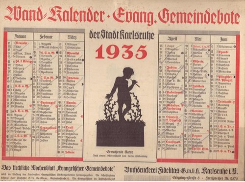   Kalender (Wandkalender zum Aufhängen) 1935 Evang. Gemeindebote der Stadt Karlsruhe 