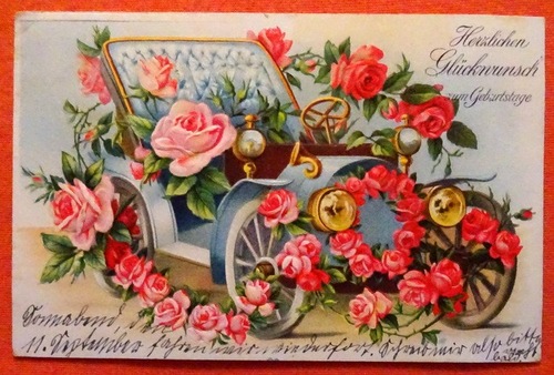   Ansichtskarte AK Herzlichen Glückwunsch zum Geburtstage (Litho Oldtimer mit Blumen, Prägedruck) 