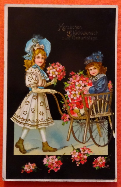   Ansichtskarte AK Herzlichen Glückwunsch zum Geburtstage (2 Mädchen mit Blumenkörben und Kinderwagen. Prägekarte) 