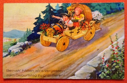   Ansichtskarte AK "Beinah" hätten wir`s vergessen zum Geburtstag zu gratulieren (2 Kinder im Holzauto rasen den Berg hinunter) 