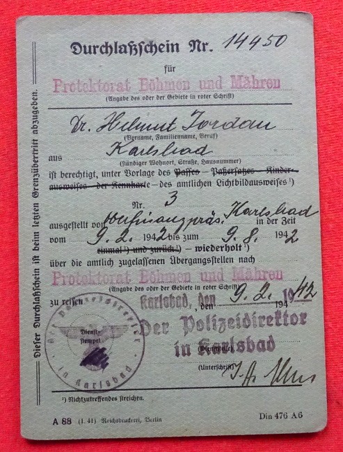 Jordan, Helmut  Durchlaßschein Nr. 14450 für Protektorat Böhmen und Mähren v. 9.2.1942 