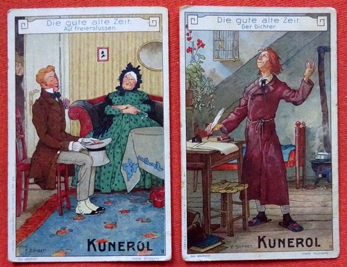  Reklamebild /  Kaufmannsbild / Sammelbild / Kaufmannsbild KUNEROL (2 Bilder der Reihe "Die gute alte Zeit" Nr. II (Der Dichter) + Nr. 9 (Auf Freiersfüssen) 