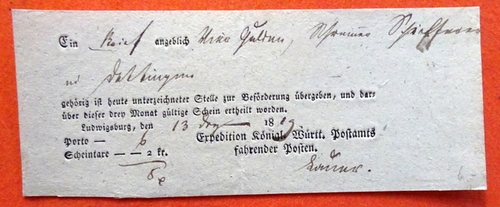   Paketschein v. 13. Dezember 1819 für ein Paket von "angeblich ? Gulden" für Scheintaxe 2kr, Porto 6 