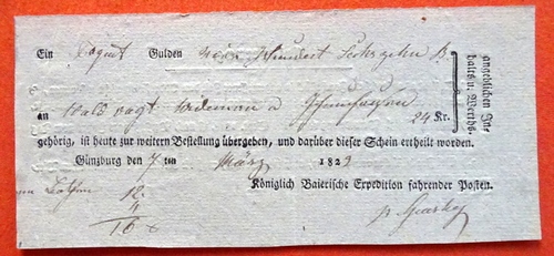   Paketschein v. 7. März 1822 für ein Paket von "angeblich ? Gulden" für Scheintaxe 24kr 