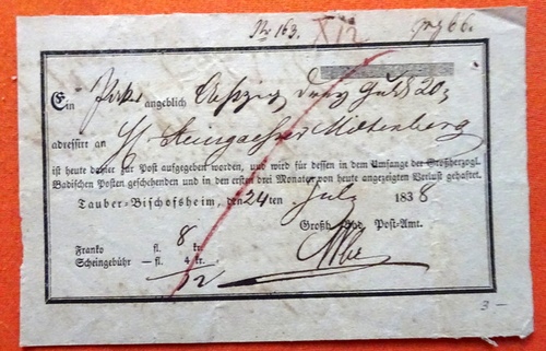   Paketschein v. 24. July 1838 für ein Paket für Scheintaxe 12kr 
