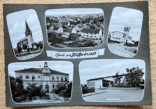   Ansichtskarte AK Gruß aus Hüffenhardt 5 Ansichten (Ev. Kirche, Total, Kath. Kirche, Schulhaus, Altersheim) 