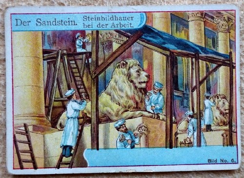   Reklamebild / Kaufmannsbild / Sammelbild "Robert Densow, Dresden Nudel- und Maccaroni-Fabrik" (Bild Reihe: Der Sandstein No. 6 (Steinbildhauer bei der Arbeit) 