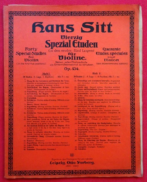 Sitt, Hans  Vierzig Spezial Etuden für Violine (in den ersten fünf Lagen) Op. 134 Heft I (20 Etuden) 