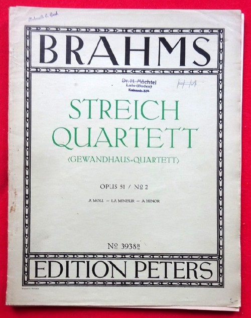 Brahms, Johannes  Quartett für 2 Violinen, Viola und Violoncello Opus 51 Nr. 2 A Moll (Hg. v. Gewandhaus-Quartett) 