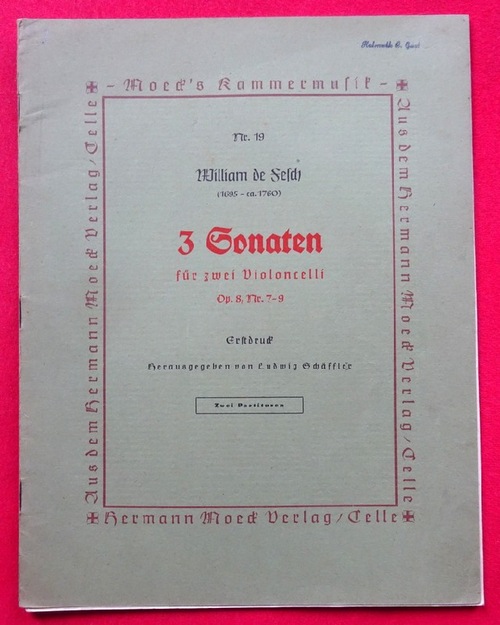 de Fesch, William  3 Sonaten für zwei Violoncelli Op. 8, Nr. 7-9 (Erstdruck hg. v. Ludwig Schäffler. Zwei Partituren) 