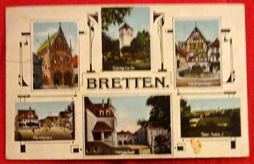   Ansichtskarte AK Bretten (6 Motive) (Melanchthonhaus, Marktplatz, Simmelturm, Volksschule, Marktbrunnen, Total-Osten) 