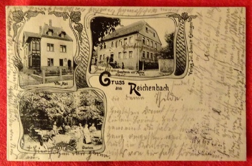   Ansichtskarte AK Gruss aus Reichenbach (Anm. heute Waldbronn) (Villa Mai, Gasthaus Krone, Garten) 