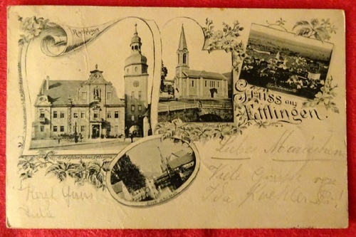   Ansichtskarte AK Gruß aus Ettlingen (4 Motive) (Rathaus, Ev. Kirche, Totalansicht, Blick in die Stadt) 