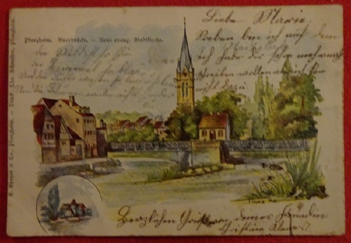  Ansichtskarte AK Pforzheim. Auerbrücke - Neue evang. Stadtkirche (Farblitho) 