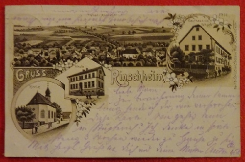   Ansichtskarte AK Gruss aus Rinschheim. 4 Motive (Total-Ansicht, Kirche, Schule, Gasthaus zum Ochsen) 