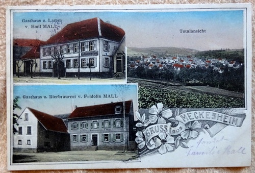   Ansichtskarte AK Gruss aus Meckesheim. Gasthaus zum Lamm von Emil Mall, Gasthaus u. Bierbrauerei v. Fridolin Mall und Totalansicht 