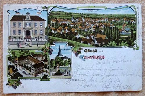   Ansichtskarte AK Gruss aus Rauenberg. 4 Motive (Farblitho. Schulhaus, Landfried`sche Fabrik, Totalansicht, Kirche und Kriegerdenkmal) 