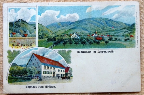   Ansichtskarte AK Buchenbach im Schwarzwald (3 Motive) (Ruine Wiesneck, Gasthaus zum Hirschen, Totalansicht; Farblitho) 