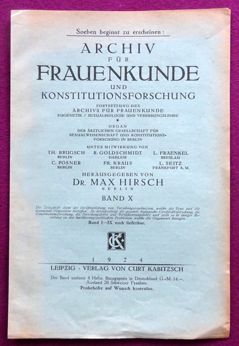 Hirsch, Max  Werbung für "Archiv für Frauenkunde und Konstitutionsforschung" Band X (Werbeprospekt des Verlages) 
