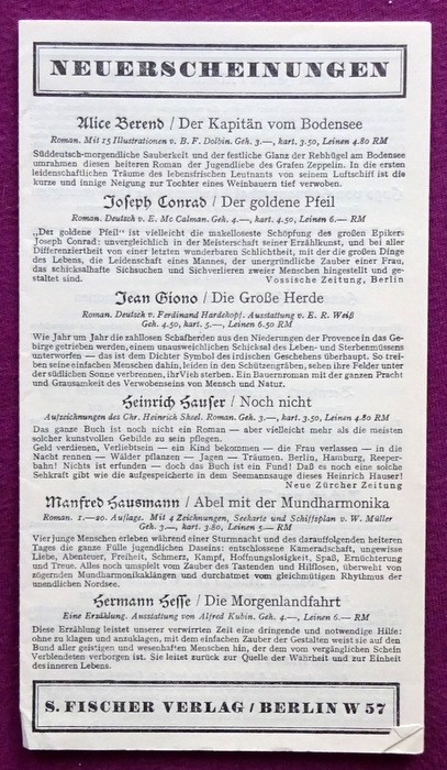 S. Fischer Verlag  Werbung für ca. 60-70 Titel des Verlages Oktober 1932 (Werbeprospekt des Verlages) 