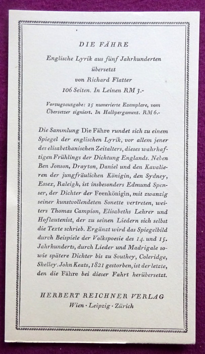 Flatter, Richard (Übs.)  Werbung für das Buch "Die Fähre. Englische Lyrik aus fünf Jahrhunderten" (Werbeprospekt des Verlages) 