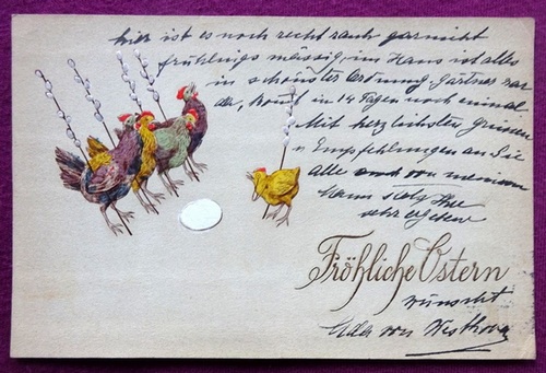   Ansichtskarte AK Fröhliche Ostern (4 singende Hühner und Küken) 
