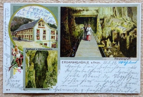   Ansichtskarte AK Farblitho Erdmannshöhle bei Hasel (3 Motive, Gasthaus, Fürstengruft, Kapelle) 