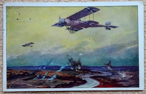 Schulze, Hans Rudolf  Ansichtskarte AK Militärdoppeldecker auf Erkundungsflug an der Marne (Nach einem Gemälde von Prof. Hans Rudolf Schulze, Berlin) 
