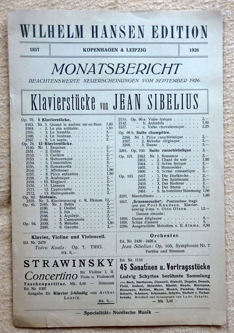 Wilhelm Hansen Edition  Werbebroschüre für viele Titel des Verlages "Monatsbericht. Beachtenswerte Neuerscheinungen vom September 1926" 