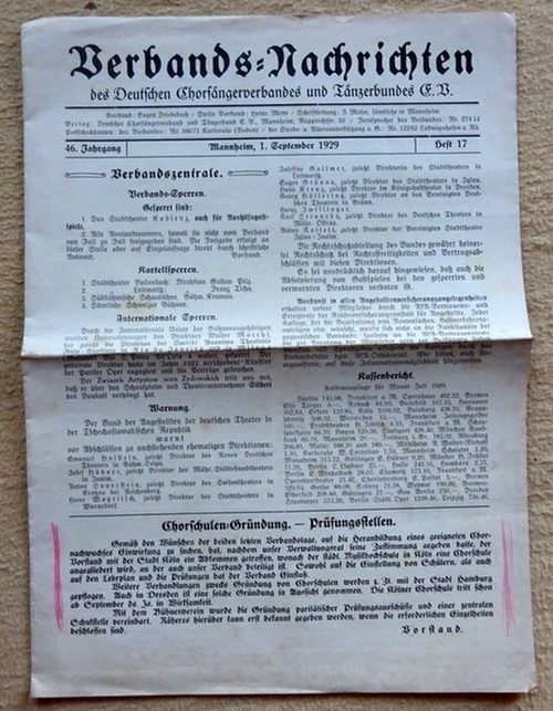 Friedebach, Eugen  Verbands-Nachrichten des Deutschen Chorsängerverbandes und Tänzerbundes e.V. (46. Jahrgang, 1. September 1929, Heft 17) 