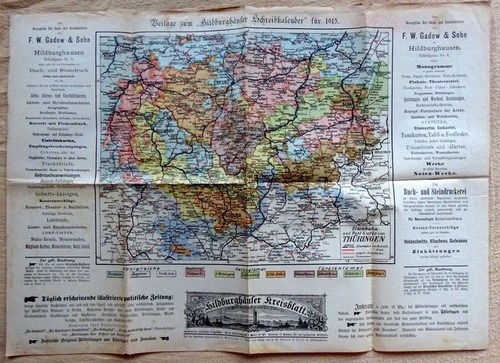   Landkarte: "Beilage zum "Hildburghäuser Schreibkalender" für 1915 (Eisenbahn- und Postkarte von Thüringen. Maßstab 1:500.000) 