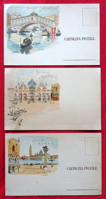   3 Ansichtskarten AK Saluti da Venezia (Venedig). Farblitho. Canale Grande, Rialtobrücke, Markusplatz 