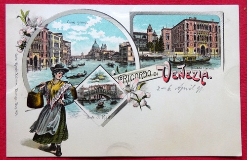   Ansichtskarte AK Ricordo di Venezia (Venedig). Farblitho. Ponte di Rialto, Canale Grande, Palazzo Cavalli, Wasserträgerin 