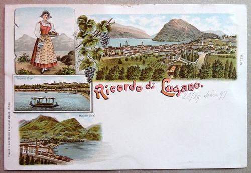   Ansichtskarte AK Ricordo di Lugano. Farblitho. 4 Ansichten. Mont Bre, Tracht, Lugano Quai, Panorama 