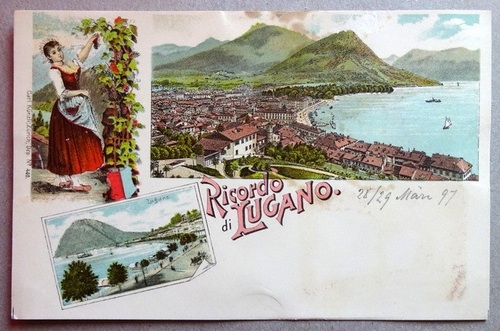   Ansichtskarte AK Ricordo di Lugano. Farblitho. 3 Ansichten. Panorama, Tracht, Lugano 
