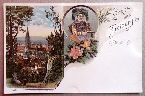   Ansichtskarte AK Gruß aus Freiburg / Baden. Farblitho. Münster, Trachtenfrau 