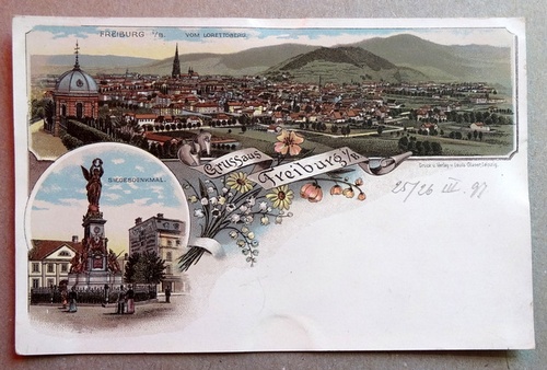   Ansichtskarte AK Gruß aus Freiburg / Baden. Farblitho. Vom Lorettoberg, Siegesdenkmal 