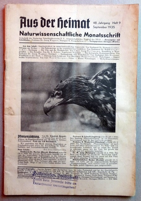 Wagner, Georg Prof. Dr.  Aus der Heimat 48. Jg. Heft 9 September 1935 (Naturwissenschaftliche Monatsschrift) 