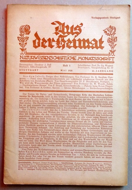 Wagner, Georg Prof. Dr.  Aus der Heimat 41. Jg. Heft 5 Mai 1928 (Naturwissenschaftliche Monatsschrift) 