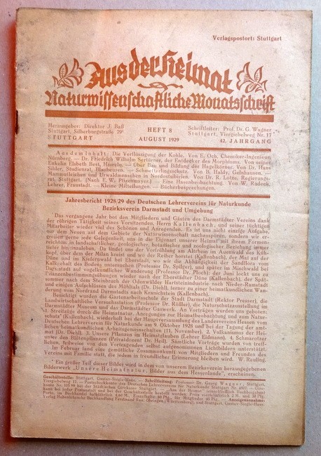 Wagner, Georg Prof. Dr.  Aus der Heimat 42. Jg. Heft 8 August 1929 (Naturwissenschaftliche Monatsschrift) 
