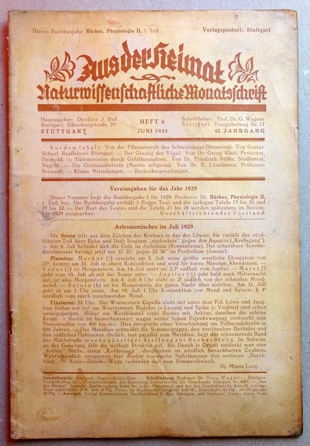Wagner, Georg Prof. Dr.  Aus der Heimat 42. Jg. Heft 6 Juni 1929 (Naturwissenschaftliche Monatsschrift) 