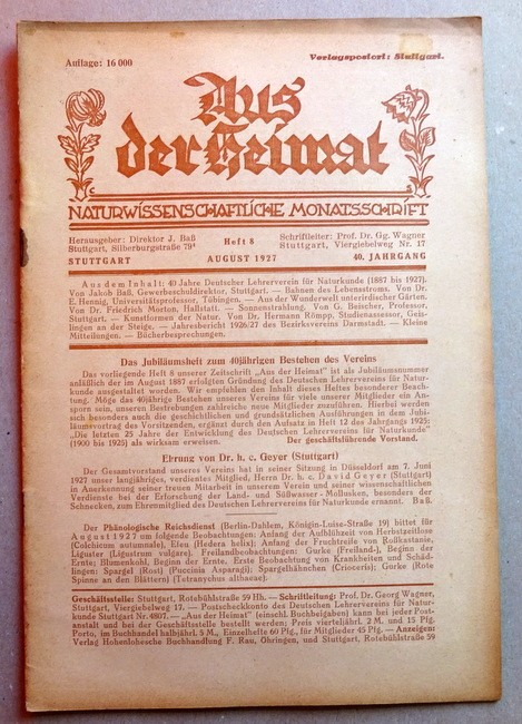 Wagner, Georg Prof. Dr.  Aus der Heimat 40. Jg. Heft 8 August 1927 (Naturwissenschaftliche Monatsschrift) 
