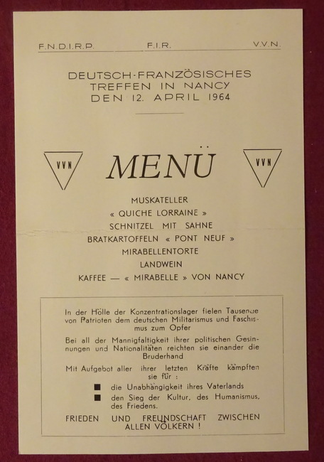 VVN  Speisekarte / Menü für ein Deutsch-Französisches Treffen in Nancy den 12. April 1964" der Vereinigung der Verfolgten des Naziregimes mit dem FNDIRP (Federation Internationale de la Resistance) (dt.-französisch) 